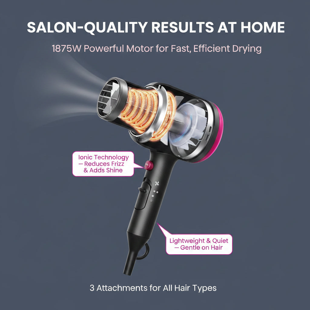 Hair Dryer with Diffuser, Blown Away Ionic Hair Dryer for Curly Hair with Comb, 1875W Fast Drying Blow Dryer with Ceramic Technology, 3 Attachments for All Hair Types, Light and Quiet, Black