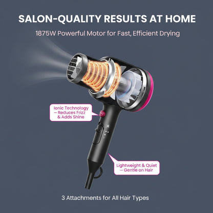 Hair Dryer with Diffuser, Blown Away Ionic Hair Dryer for Curly Hair with Comb, 1875W Fast Drying Blow Dryer with Ceramic Technology, 3 Attachments for All Hair Types, Light and Quiet, Black